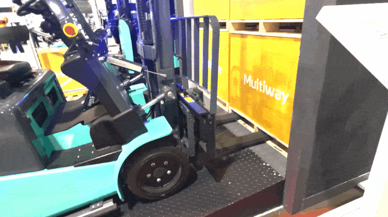 トラック荷台（尾車）自動積み下ろし対応無人フォークリフト（Multiway Robotics）